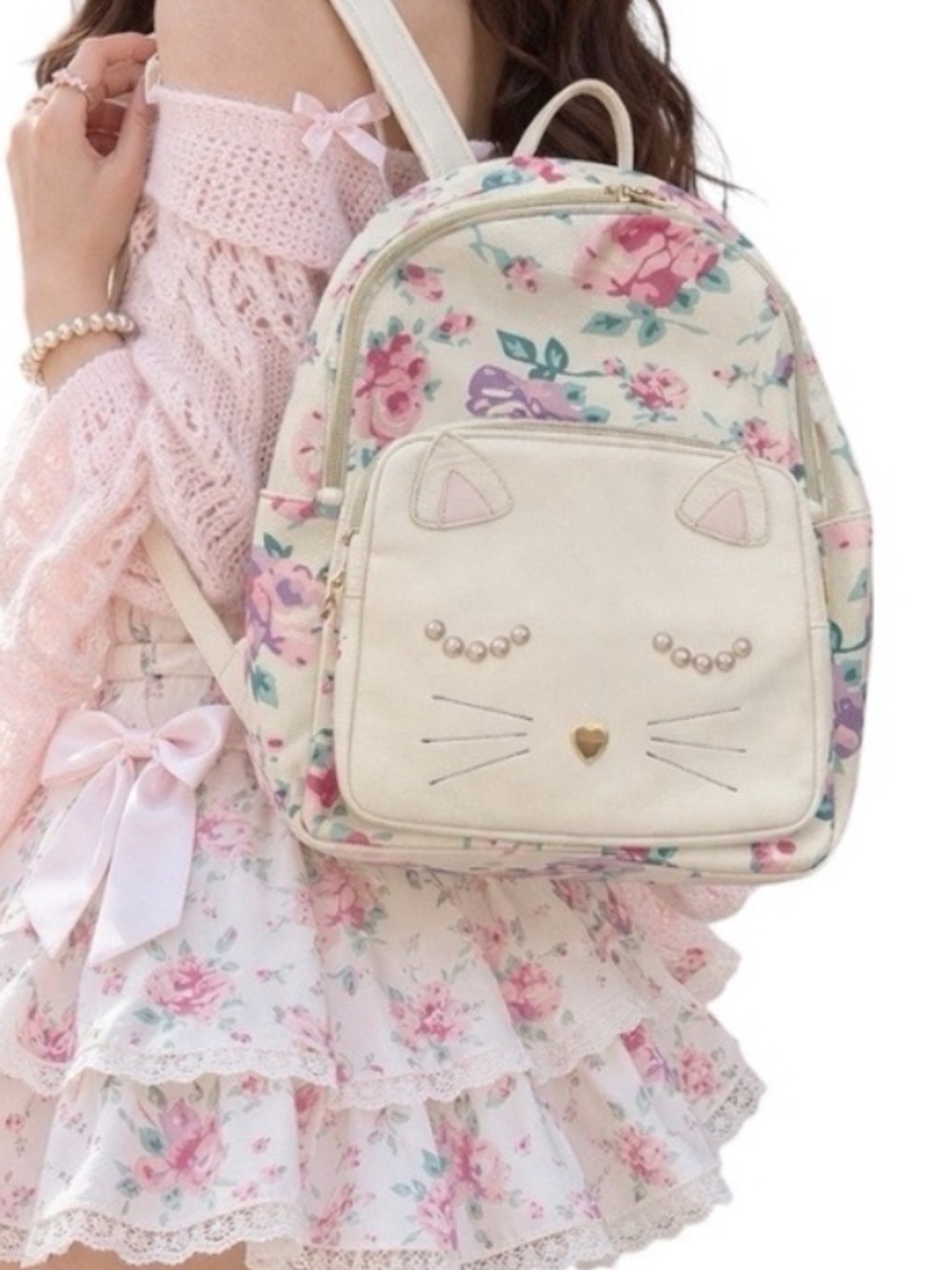 Betsey Johnson Floral Cat Backpack Pearl Kawaii Harajuku Coquette